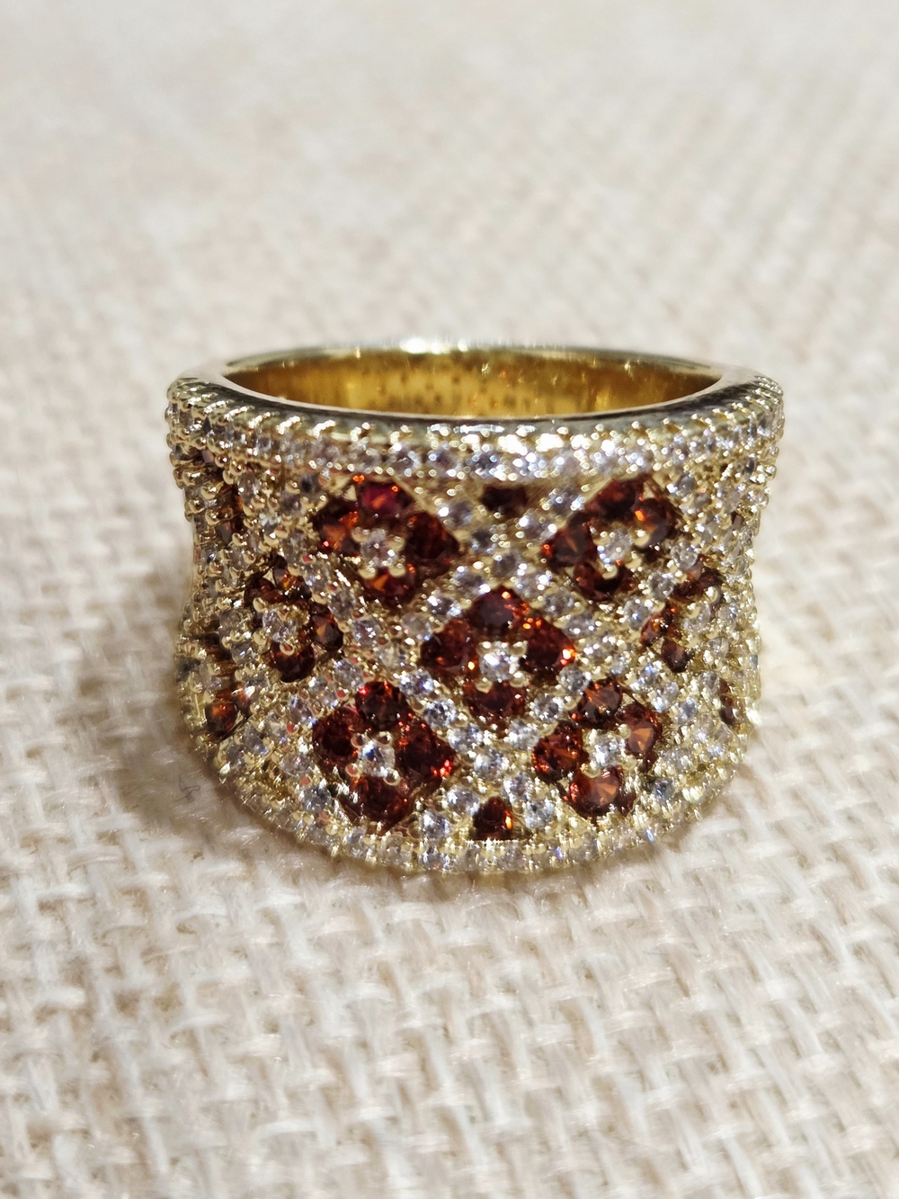 Gold Wide Band Ring with Garnet Red Stones~ Size 7.5